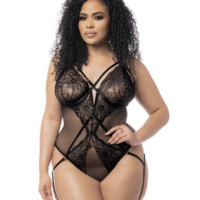 Body sexy noir avec jarretelles détachables et ajustables en résille transparente bordé de dentelle