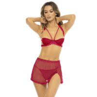 Ensemble 3 pièces sexy rouge avec soutien-gorge dentelle avec sa petit jupe et string