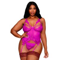 Ensemble bustier porte jarretelles rose en résille et dentelle florale, jarretelles réglables