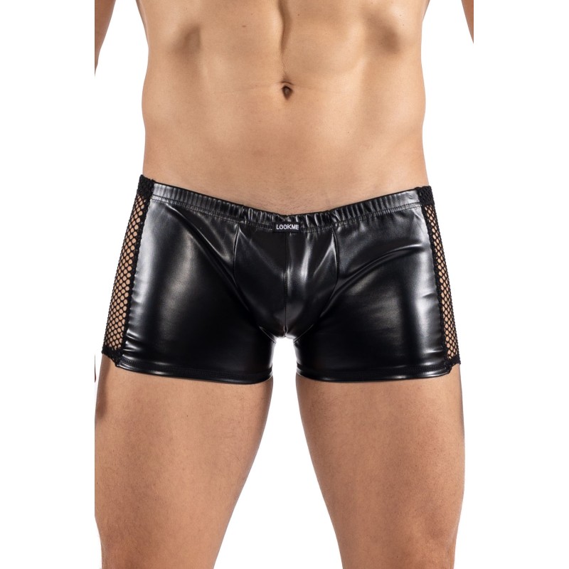 Boxer en simili cuir et résille brodée de la collection "Black Désire"