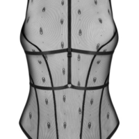 Une combinaison originale d’un body délicat et d’un harnais noir. Cet ensemble sera idéal pour une fête