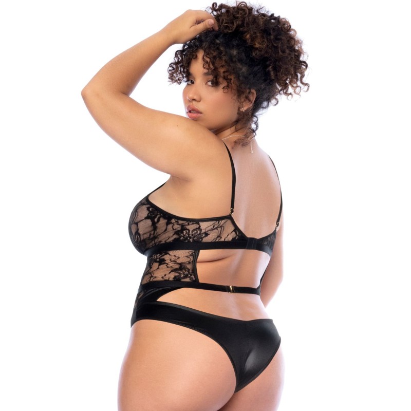 Body noir sexy en tissu effet cuir et dentelle avec dos nu et ouverture sur le devant