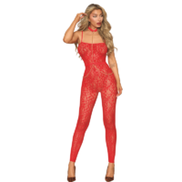 Bodystocking sans couture, fantaisie rouge, bretelles réglables,  avec chainettes tour de cou et taille amovibles