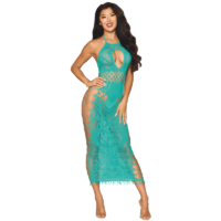 Robe longue résille fantaisie turquoise, attache dans le cou par un noeud