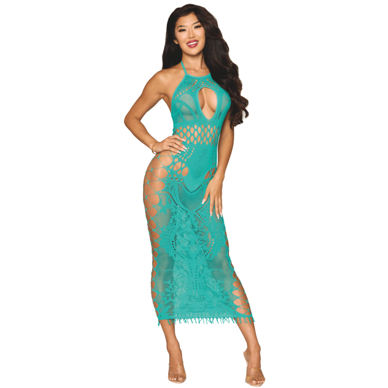 Robe longue résille fantaisie turquoise, attache dans le cou par un noeud